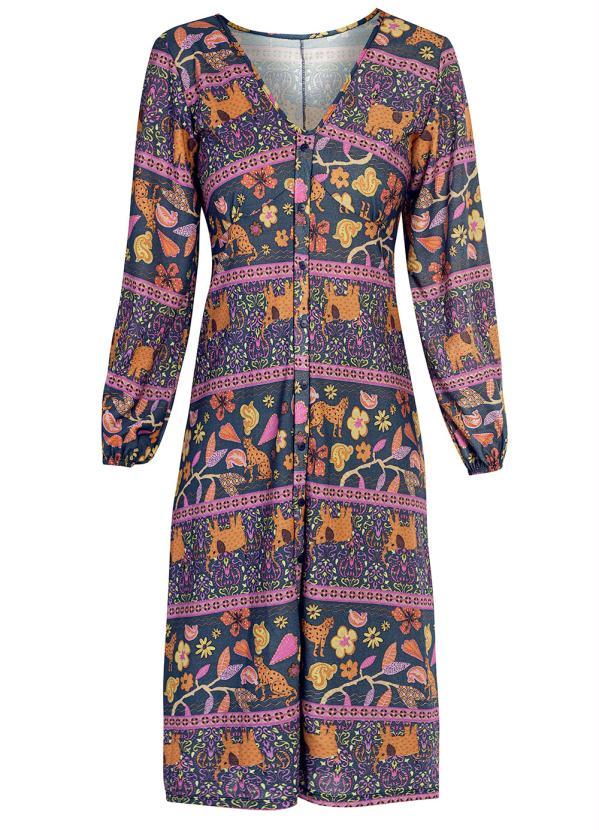Outlet - Vestido Manga Longa Midi Onça Floral 1