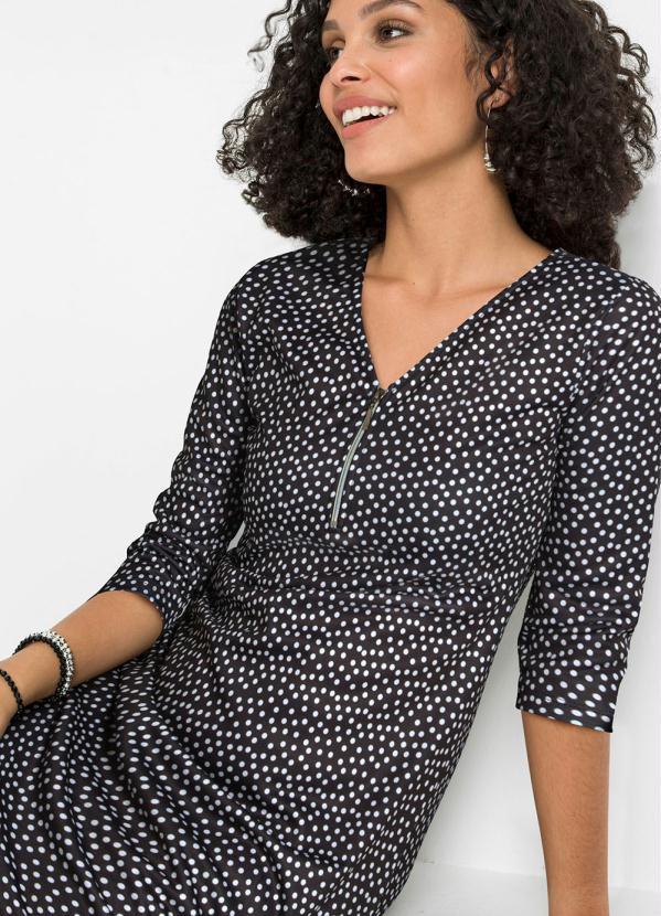 Outlet - Vestido Mangas 7/8 Poá Preto 3