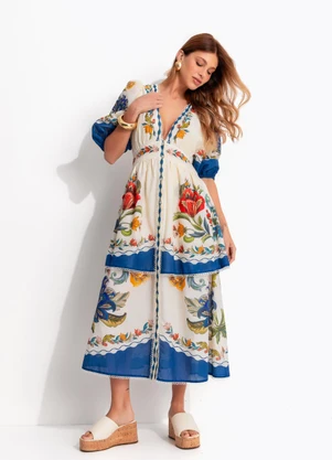 Farm - Vestido Mangas Floral Maite Bege - FARM
