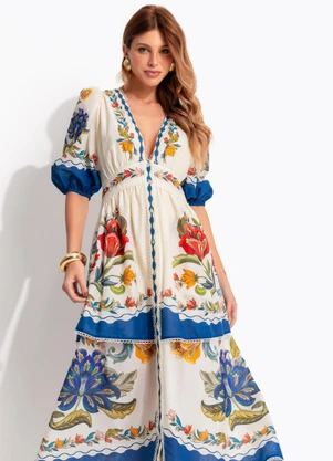 Farm - Vestido Mangas Floral Maite Bege - FARM