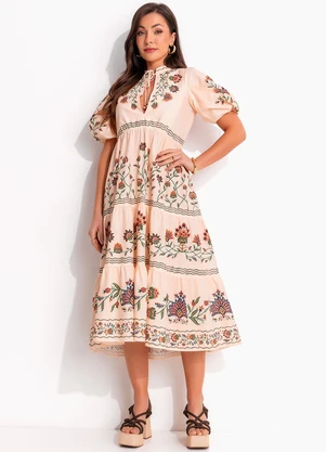 Farm - Vestido Marias Jardim Maravilhoso Bege - FARM