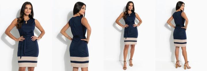 Vestido Marinho e Bege com Faixa