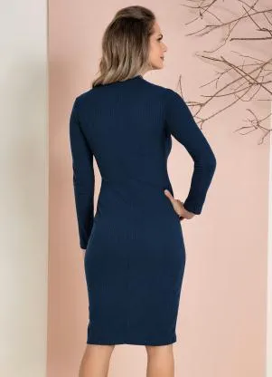 Moda Pop - Vestido Marinho Manga Longa e Zíper Funcional - MODA POP