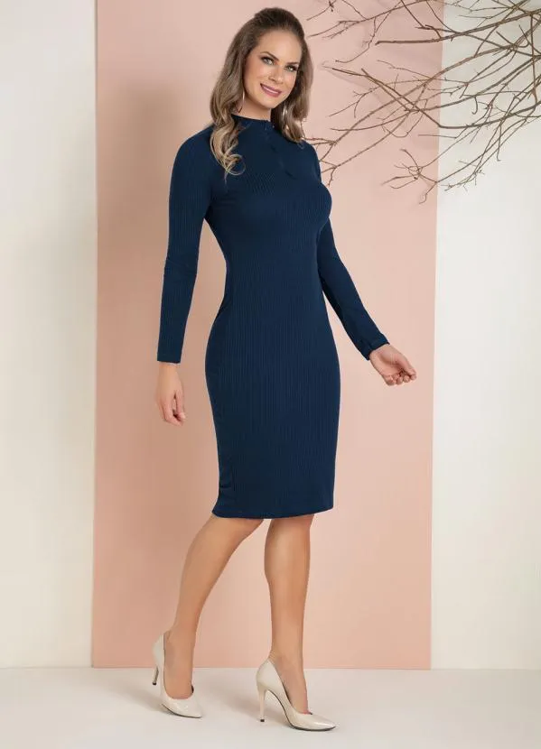 Moda Pop - Vestido Marinho Manga Longa e Zíper Funcional 3