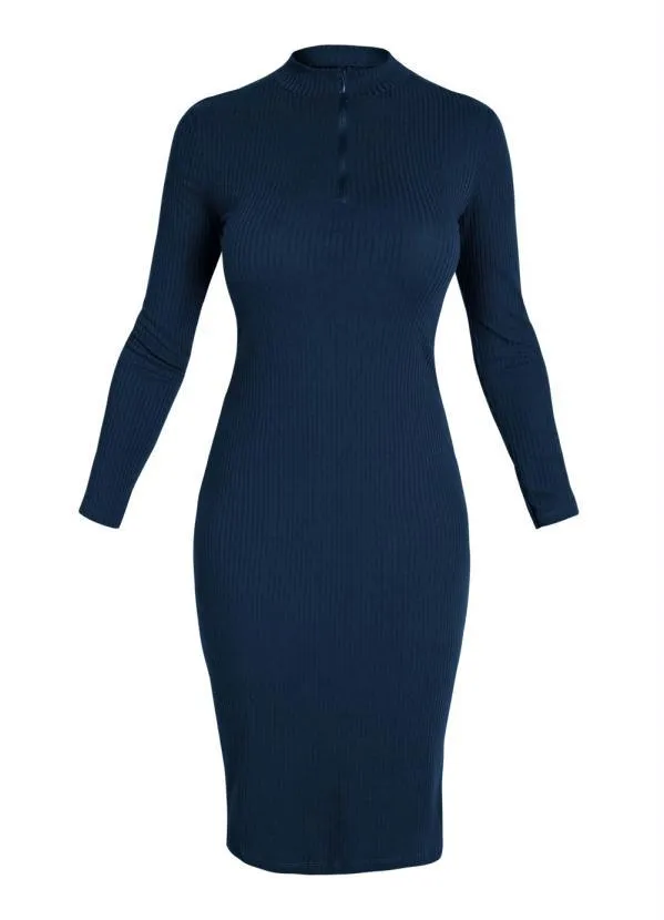 Moda Pop - Vestido Marinho Manga Longa e Zíper Funcional 5
