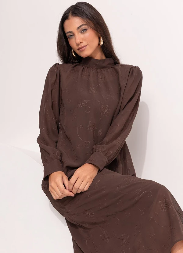 Quintess - Vestido Marrom Bordado em Chiffon 17