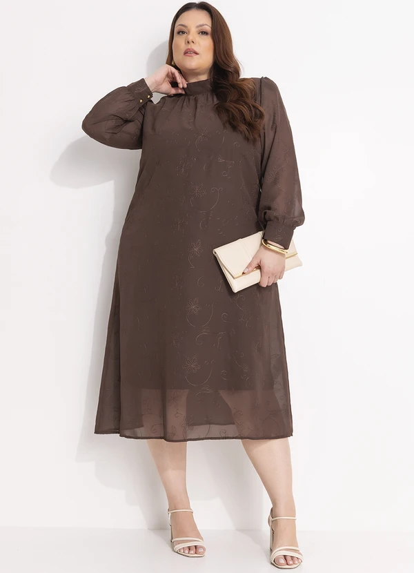 Quintess - Vestido Marrom Bordado em Chiffon