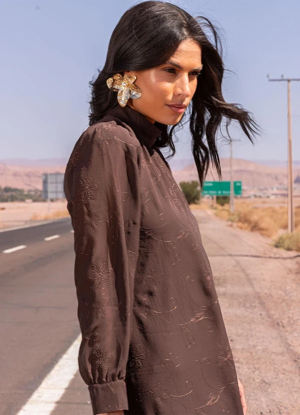 Quintess - Vestido Marrom Bordado em Chiffon 9