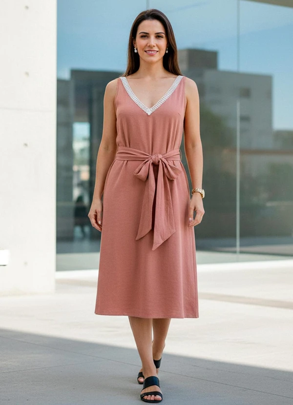 Quintess - Vestido Marrom Claro em Viscose com Linho 11