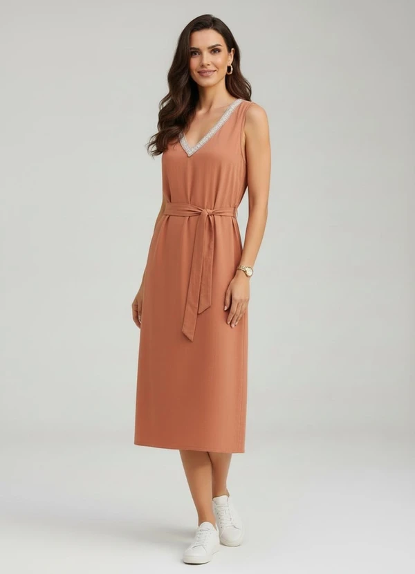 Quintess - Vestido Marrom Claro em Viscose com Linho 4