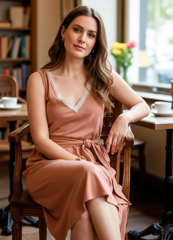 Quintess - Vestido Marrom Claro em Viscose com Linho 5