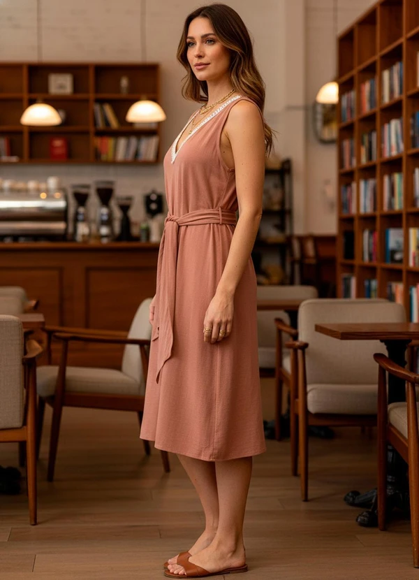 Quintess - Vestido Marrom Claro em Viscose com Linho 7