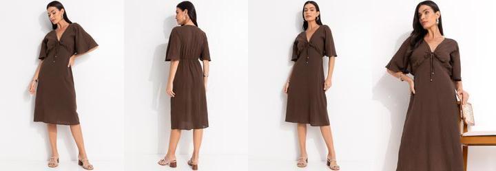 Vestido Marrom em Gaze de Algodo Bordado