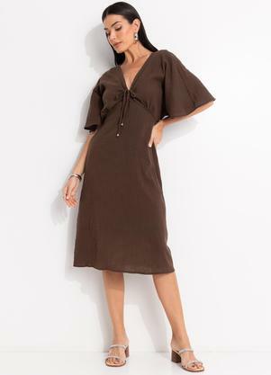 Vestido (Marrom) em Gaze de Algodo Bordado