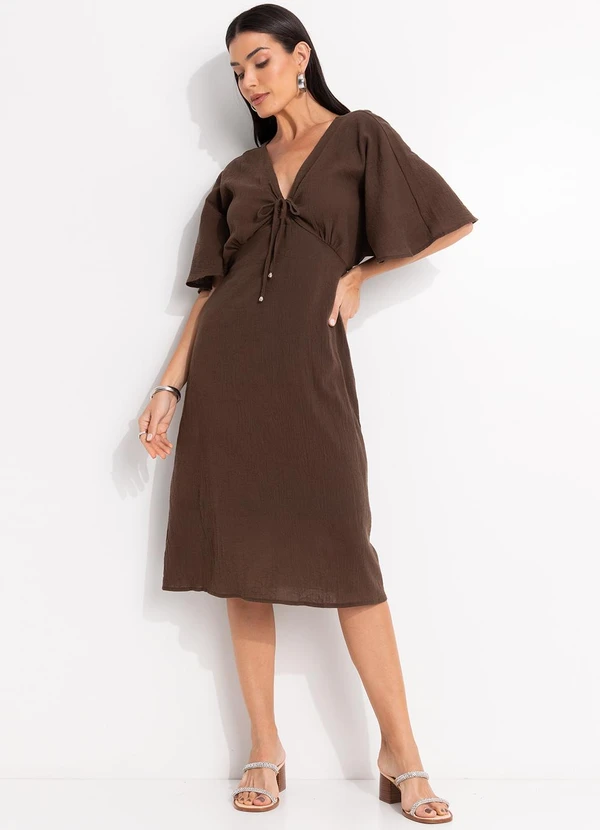 Quintess - Vestido Marrom em Gaze de Algodão Bordado