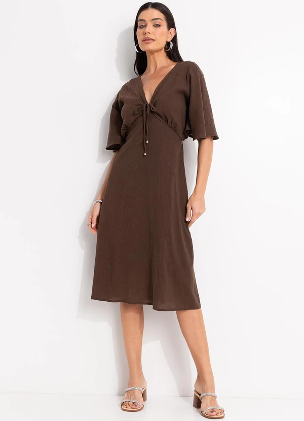 Quintess - Vestido Marrom em Gaze de Algodão Bordado 3