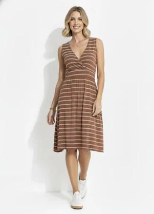 Quintess - Vestido Marrom em Malha de Viscose Listrada - QUINTESS