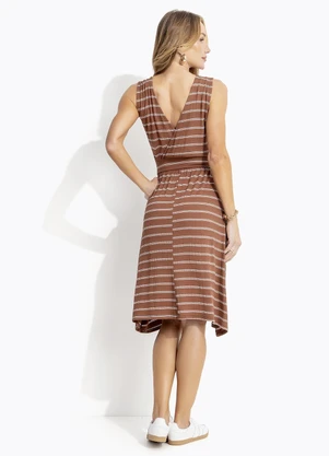 Quintess - Vestido Marrom em Malha de Viscose Listrada - QUINTESS