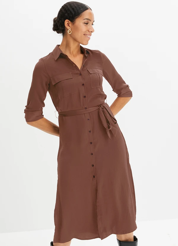 bonprix - Vestido Marrom em Viscose Plana