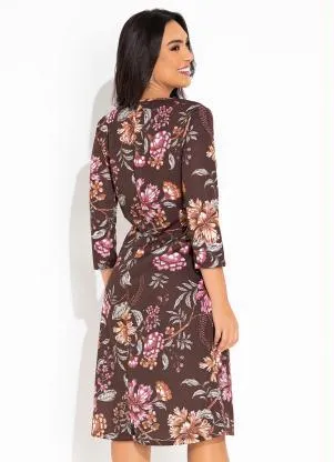 Rosalie - Vestido Marrom Floral com Prega - ROSALIE