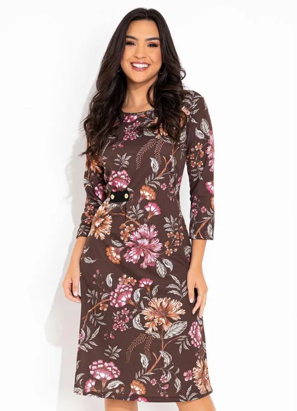Rosalie - Vestido Marrom Floral com Prega
