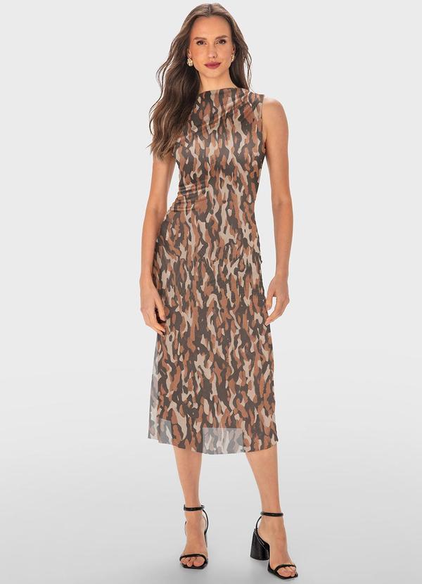 Malwee - Vestido Marrom Mídi Animal Print Tule