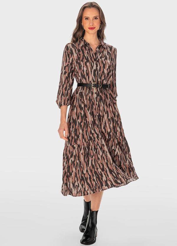 Malwee - Vestido Marrom Midi Chemise Abstrato