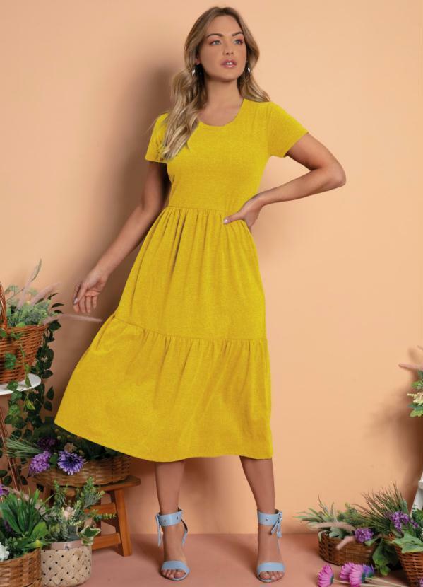 Quintess - Vestido Meia Malha Amarelo com Babados