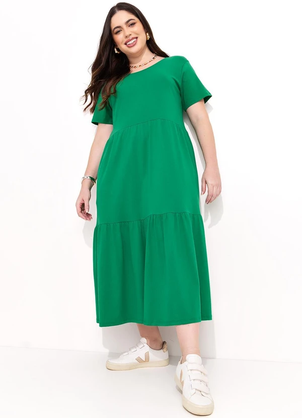 Quintess - Vestido Meia Malha Verde com Babados