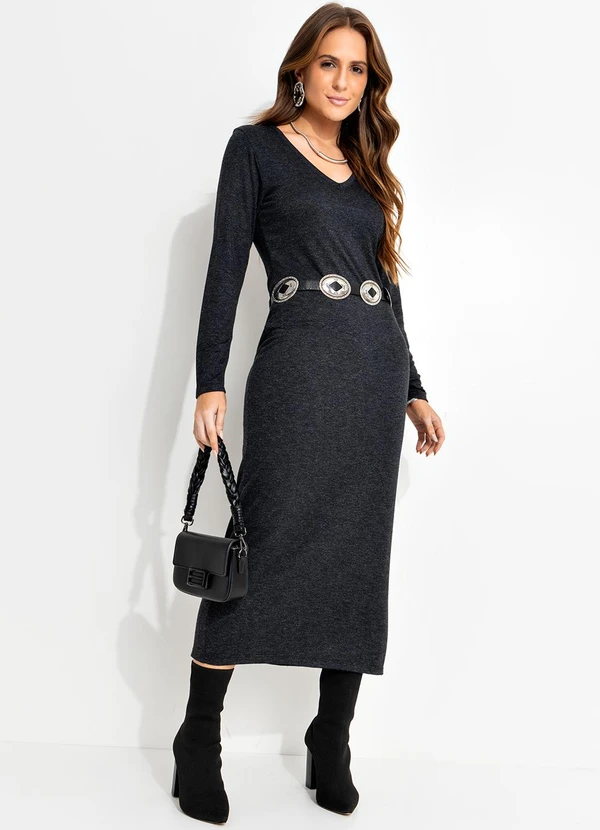 Quintess - Vestido Mescla Escuro em Moletinho de Viscose
