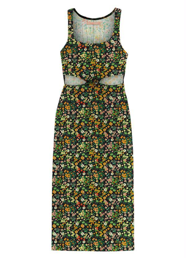 Angel - Vestido Midi Abertura Canelado Estampado