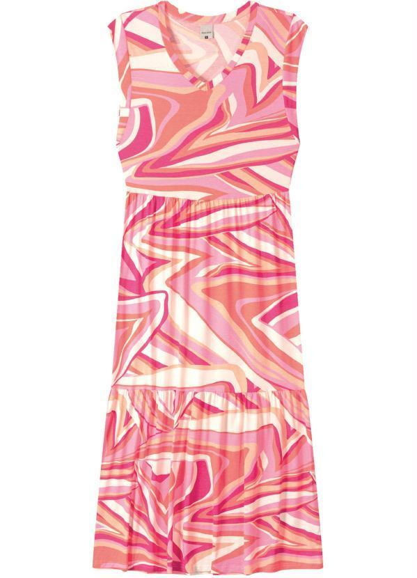 Malwee - Vestido Mídi Abstrato Rosa