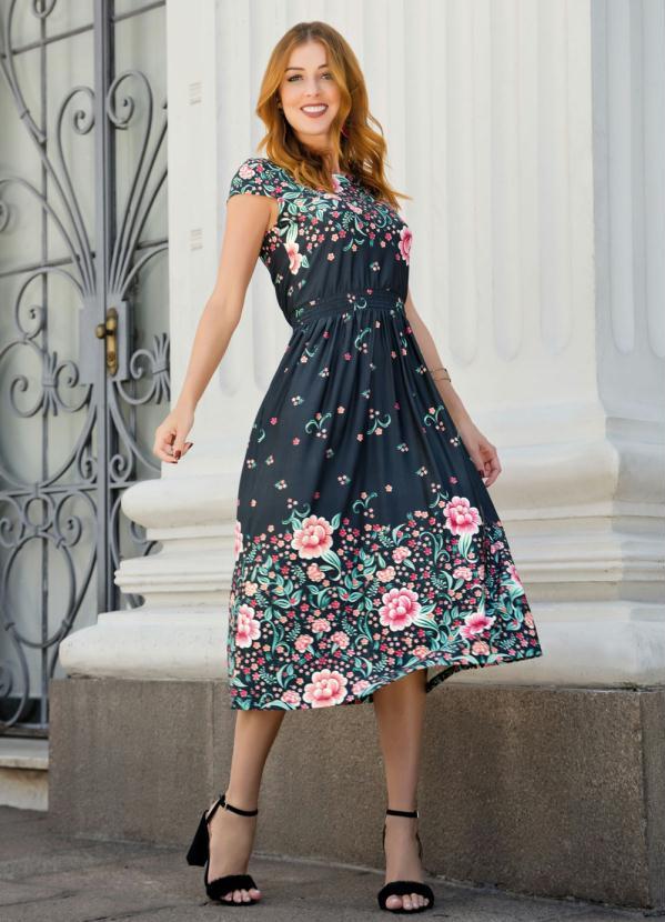 Quintess - Vestido Midi Acinturado Barrado Preto 3