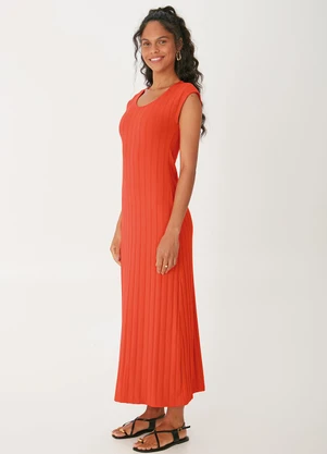 Malwee - Vestido Mídi Acinturado Canelado Laranja - MALWEE