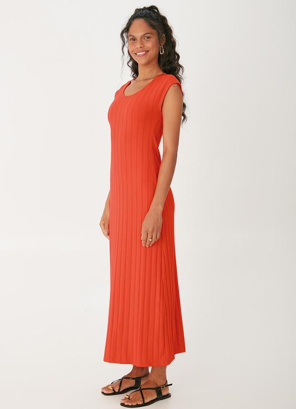 Malwee - Vestido Mídi Acinturado Canelado Laranja