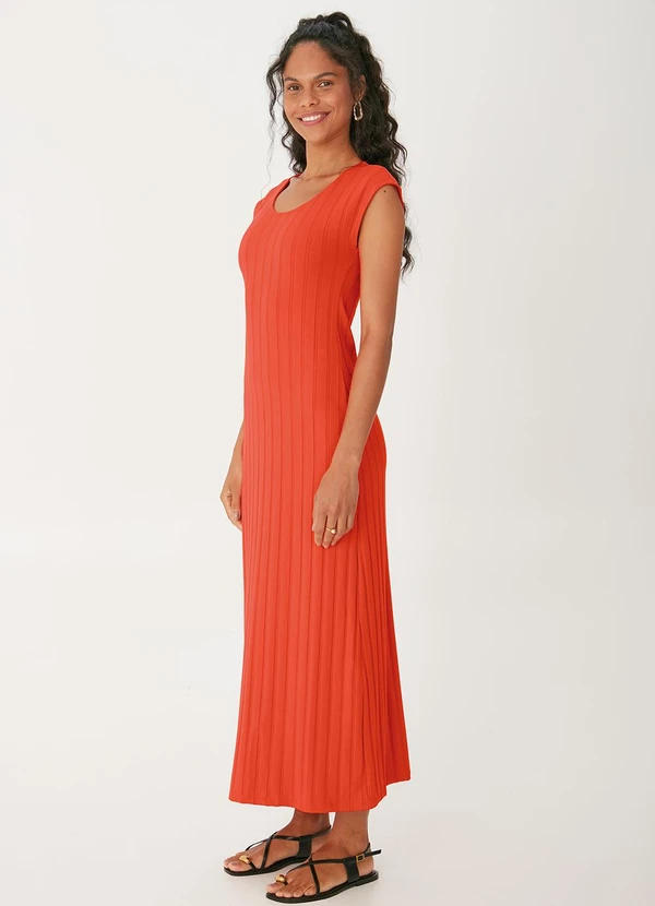 Malwee - Vestido Mídi Acinturado Canelado Laranja