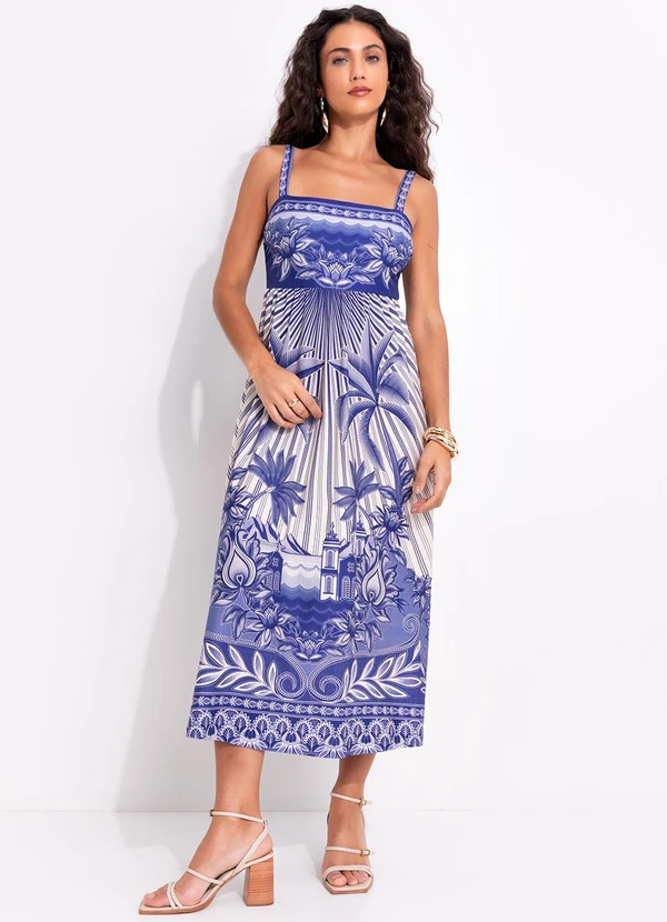 Farm - Vestido Midi Afeto Tropical Azul