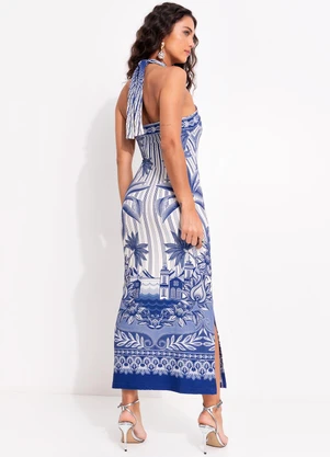 Farm - Vestido Midi Afeto Tropical Azul - FARM