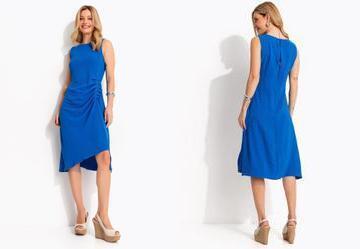 Vestido Midi Air Flow Azul com Drapeado Lateral e Barra Assim�trica