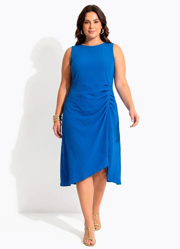 Quintess - Vestido Midi Air Flow Azul com Drapeado Lateral e Barra Assimétrica 6