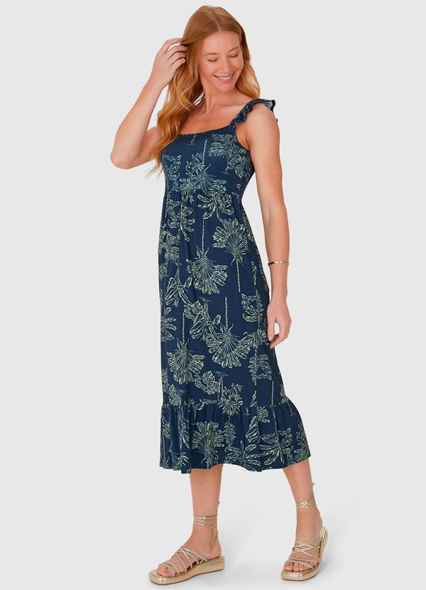 Malwee - Vestido Midi Alça Babado em Viscose Stretch Azul