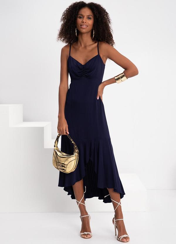 Lunender - Vestido Midi Alça Fina Fenda Busto Franzido Azul