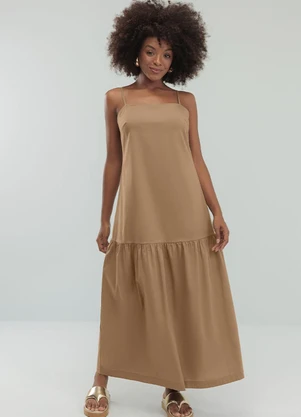 Angel - Vestido Midi Alcas Tricoline Marrom - ANGEL