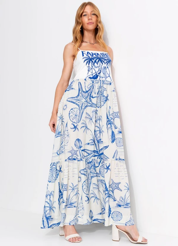 Farm - Vestido Midi Alcinha Cordas e Aves Bege