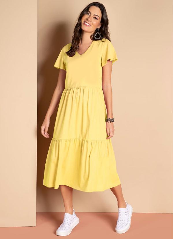Quintess - Vestido Midi Amarelo com Babados e Mangas Amplas