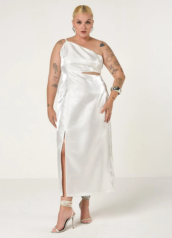 Elegance - Vestido Midi Assimétrico com Abertura Off White