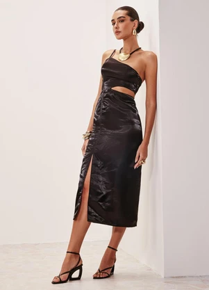 Elegance - Vestido Midi Assimétrico com Abertura Preto - ELEGANCE