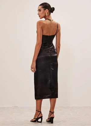 Elegance - Vestido Midi Assimétrico com Abertura Preto - ELEGANCE