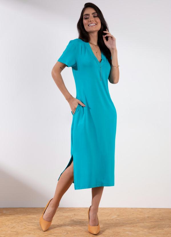 Quintess - Vestido Midi Azul com Bolsos