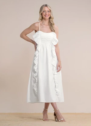 Angel - Vestido Midi Babados Tricoline Bege - ANGEL